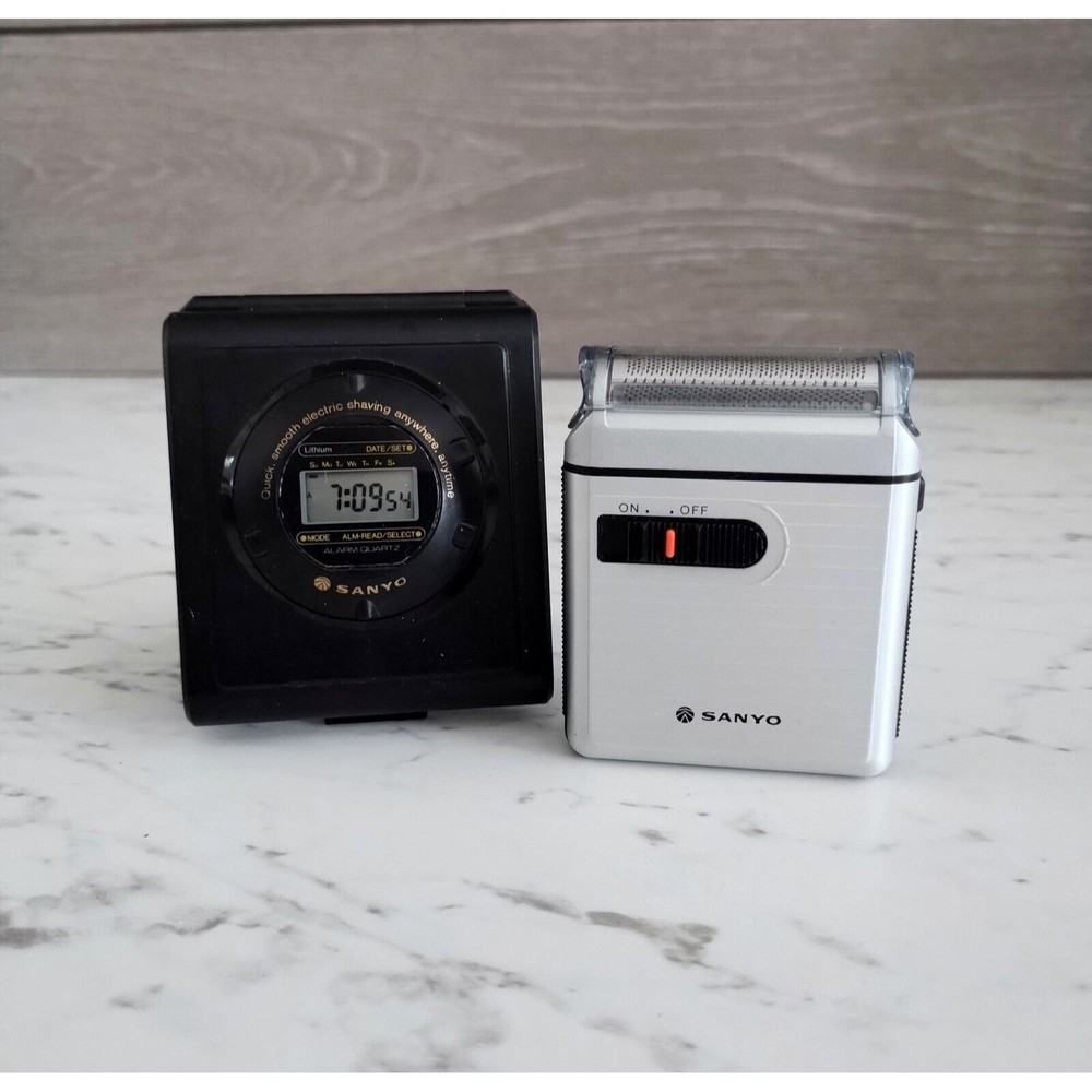 Vintage 1985 Sanyo Pocket Travel Shaver SV-M730C Travel Alarm Clock In Case